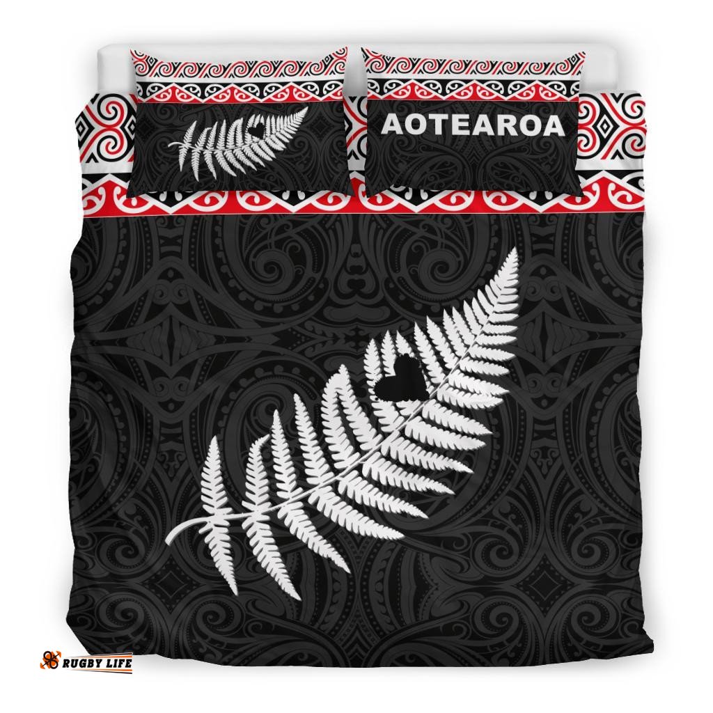 New Zealand Maori Bedding Set, Aotearoa Silver Fern Duvet Cover And Pillow Case