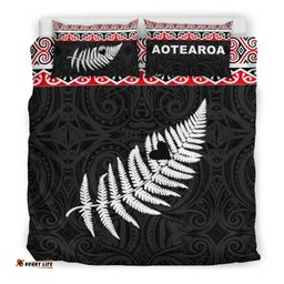 New Zealand Maori Bedding Set, Aotearoa Silver Fern Duvet Cover And Pillow Case