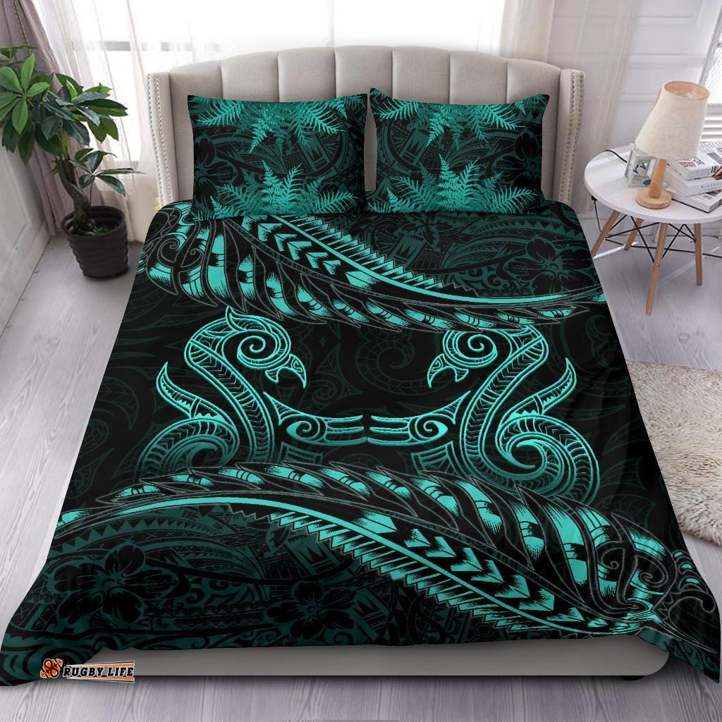 New Zealand Bedding Set Turquoise Manaia Maori Silver Fern Duvet Cover