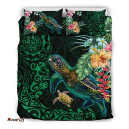 Tiki Polynesian Bedding Set Turtle Hibiscus Green