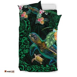 Tiki Polynesian Bedding Set Turtle Hibiscus Green