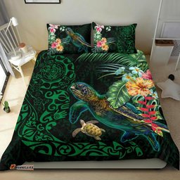 Tiki Polynesian Bedding Set Turtle Hibiscus Green