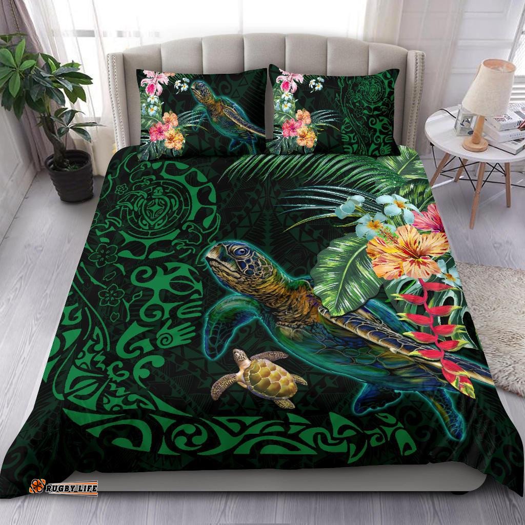 Tiki Polynesian Bedding Set Turtle Hibiscus Green