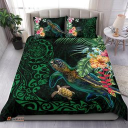 Tiki Polynesian Bedding Set Turtle Hibiscus Green