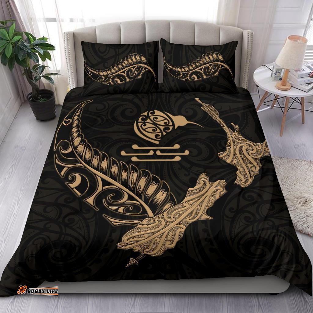New Zealand Heart Bedding Set Map Kiwi Mix Silver Fern Gold