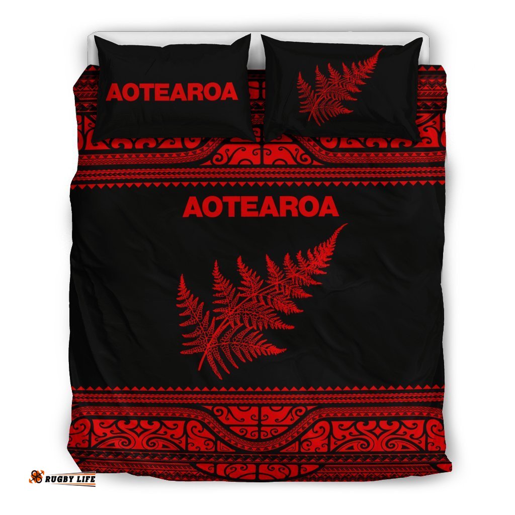 Aotearoa New Zealand Maori Bedding Set Silver Fern Red