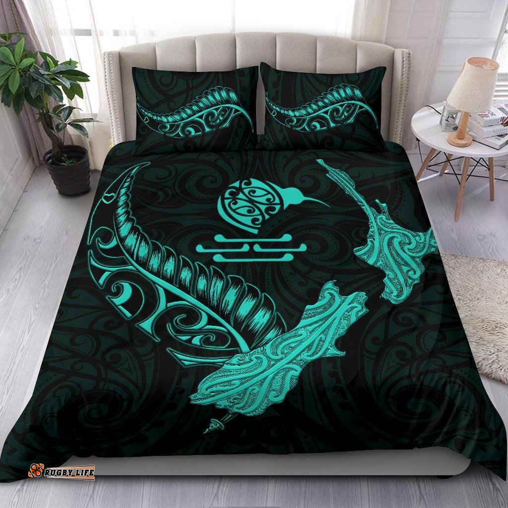 New Zealand Heart Bedding Set Map Kiwi Mix Silver Fern Turquoise