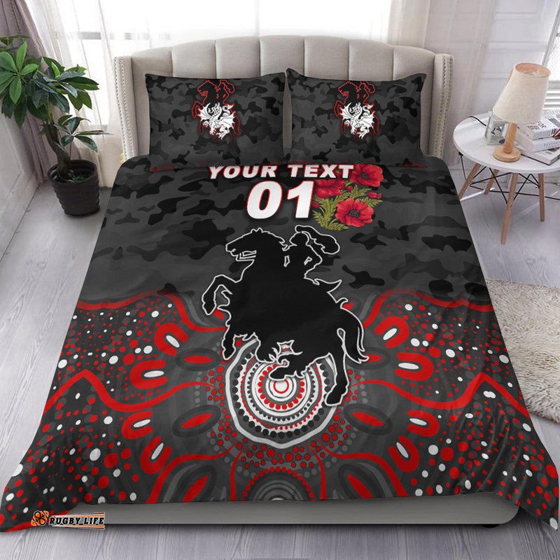 Custom Personalised St. George Illawarra Dragons ANZAC 2022 Bedding Set Indigenous Vibes Black