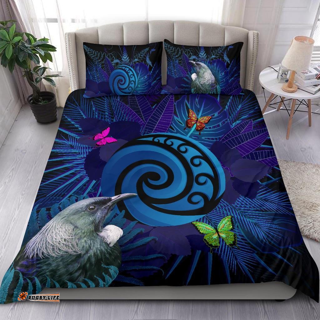 New Zealand Bedding Set Koru Fern Mix Tui Bird Tropical Floral Blue