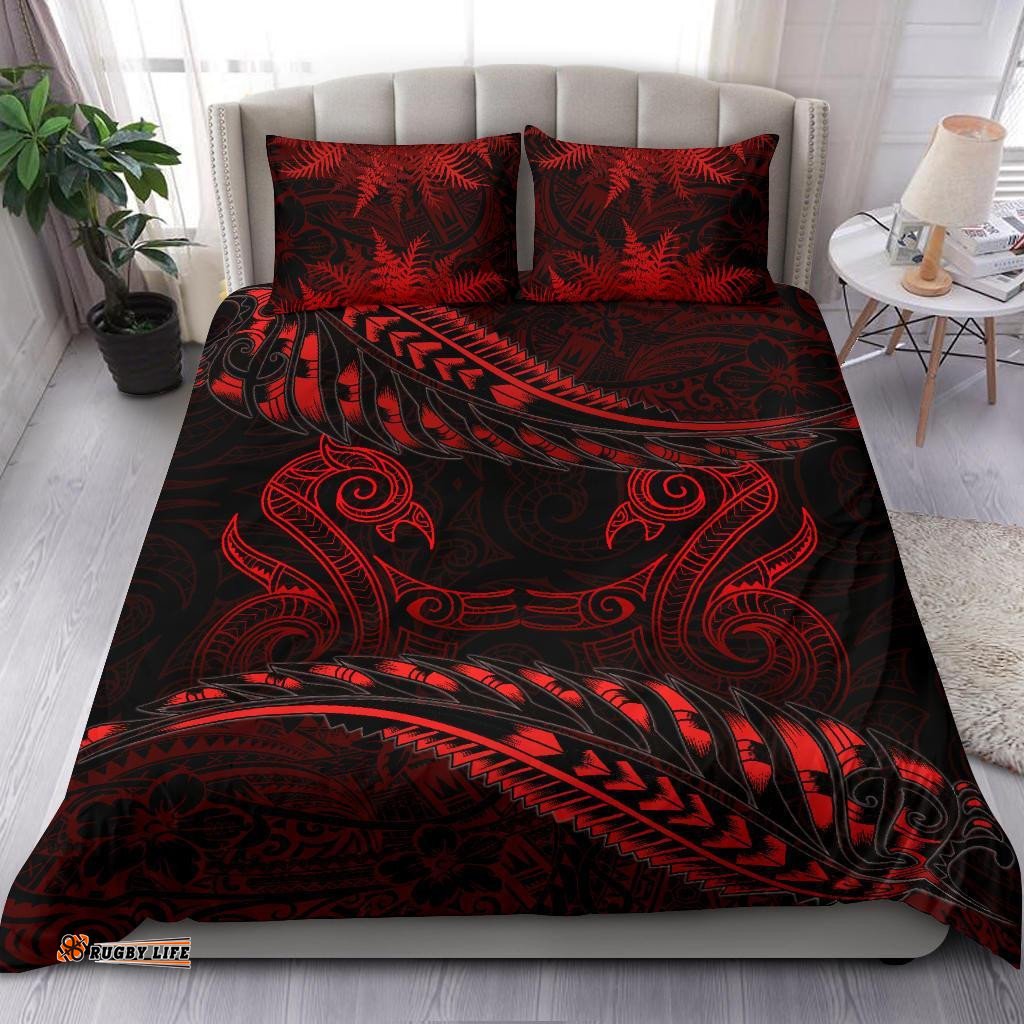 Aotearoa Bedding Set Red Maori Manaia With Silver Fern