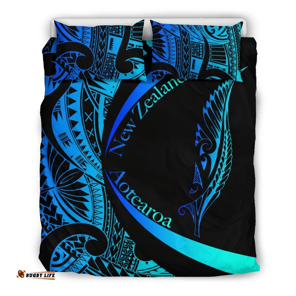 New Zealand Silver Fern Bedding Set Maori Tattoo Circle Style Blue