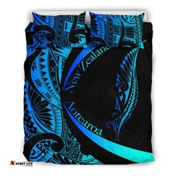New Zealand Silver Fern Bedding Set Maori Tattoo Circle Style Blue