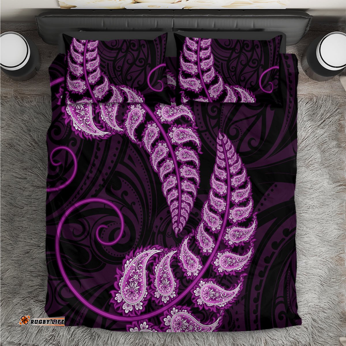 Purple New Zealand Paisley Silver Fern Bedding Set Aotearoa Maori