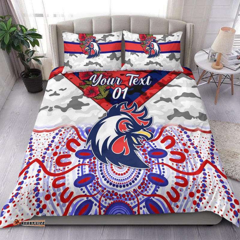 Custom Personalised Sydney Roosters ANZAC 2022 Bedding Set Indigenous Vibes White