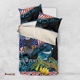 Personalised United States And New Zealand Bedding Set USA Eagle With Kowhai Aotearoa Tui Bird