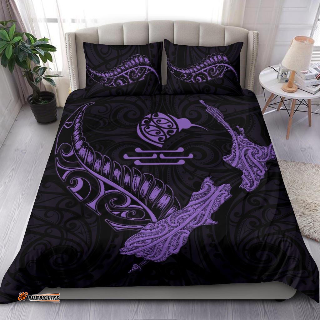 New Zealand Heart Bedding Set Map Kiwi Mix Silver Fern Pastel Purple