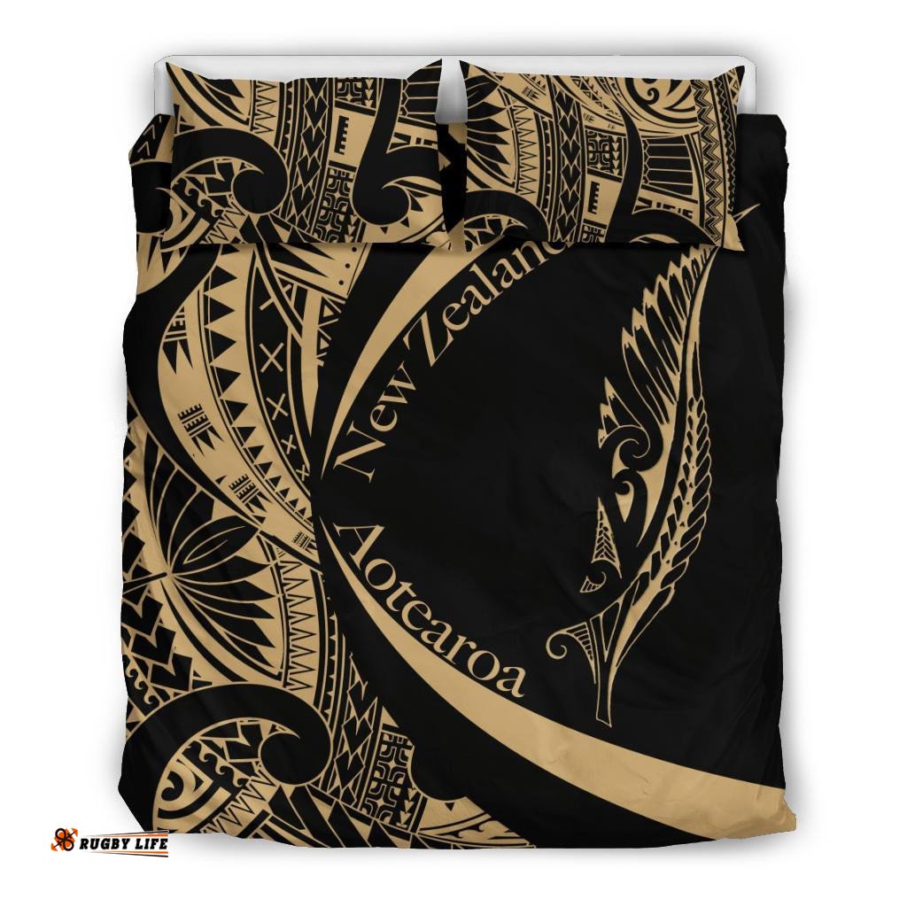 New Zealand Silver Fern Bedding Set Maori Tattoo Circle Style Golden