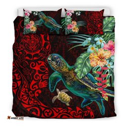 Tiki Polynesian Bedding Set Turtle Hibiscus Red