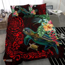 Tiki Polynesian Bedding Set Turtle Hibiscus Red