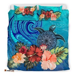 Turtle And Hibiscus Bedding Set Polynesian Blue
