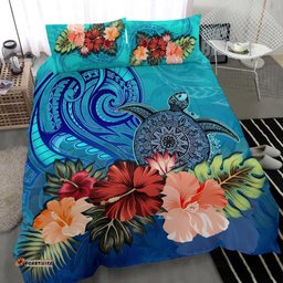 Turtle And Hibiscus Bedding Set Polynesian Blue