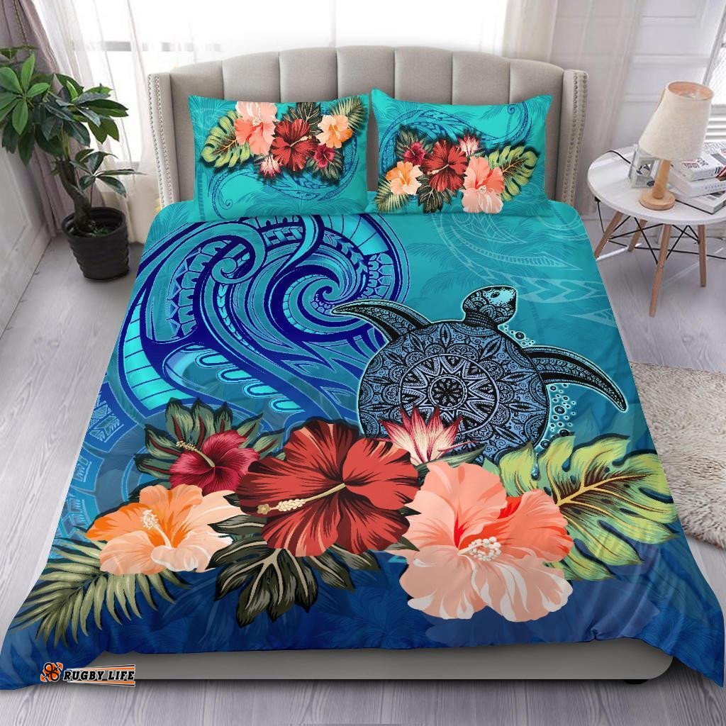 Turtle And Hibiscus Bedding Set Polynesian Blue