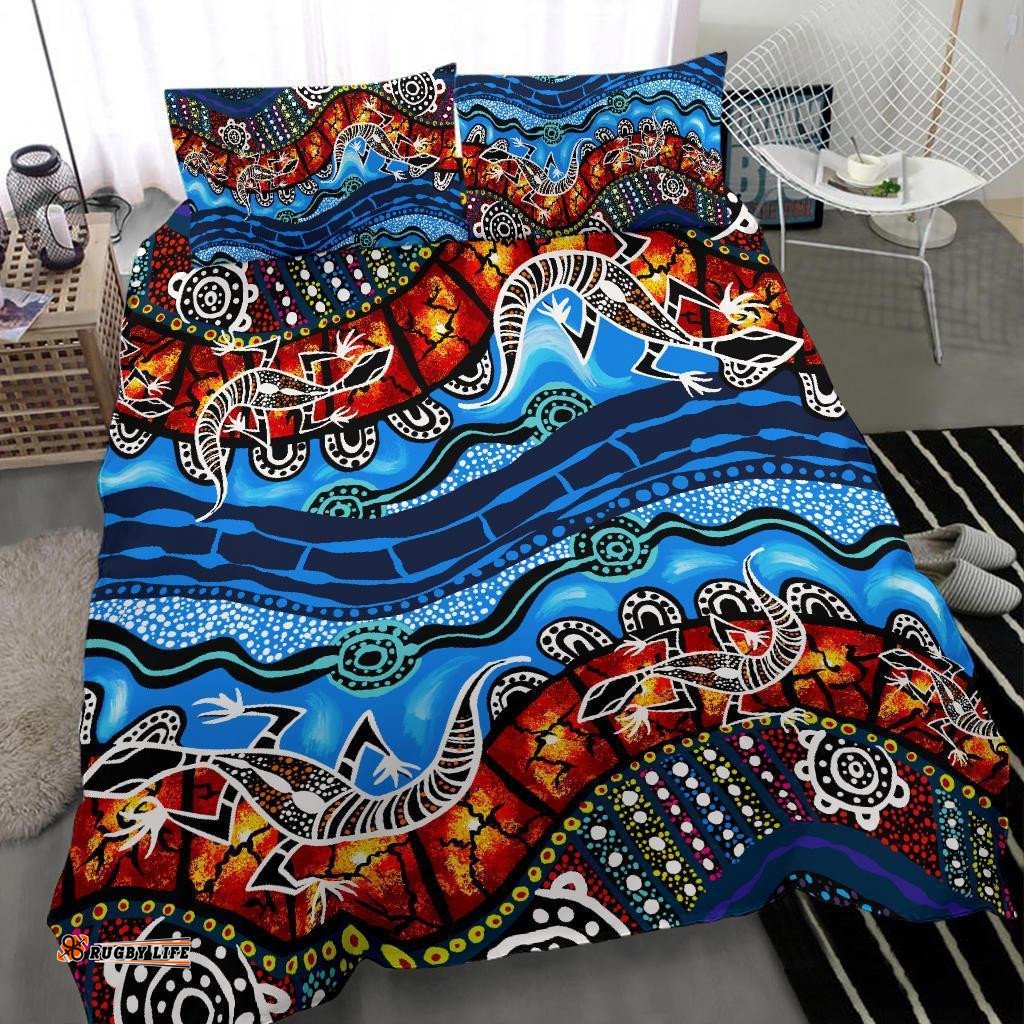 Australia Bedding Set Aboriginal Lizard Dot Painting Blue Wave