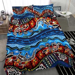 Australia Bedding Set Aboriginal Lizard Dot Painting Blue Wave