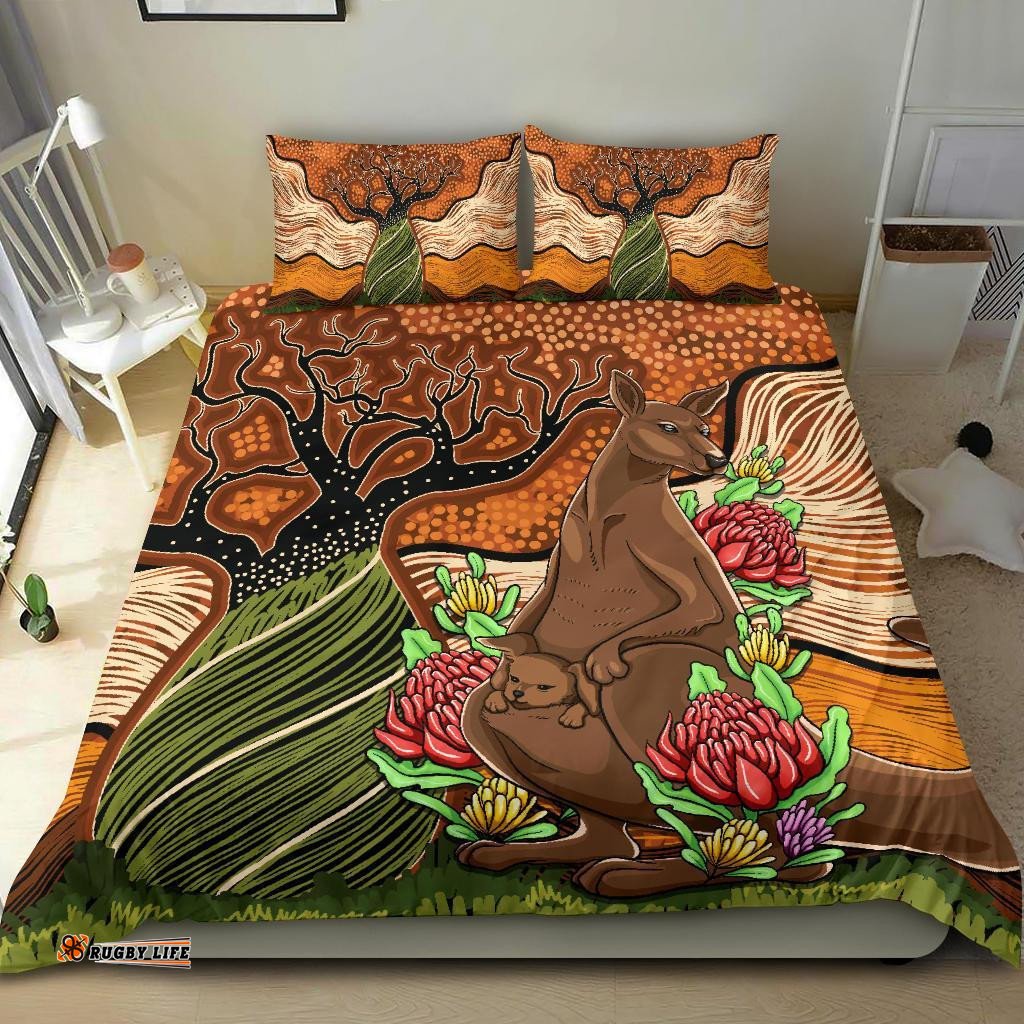 Aboriginal Bedding Set Kangaroo With Indigenous Tree