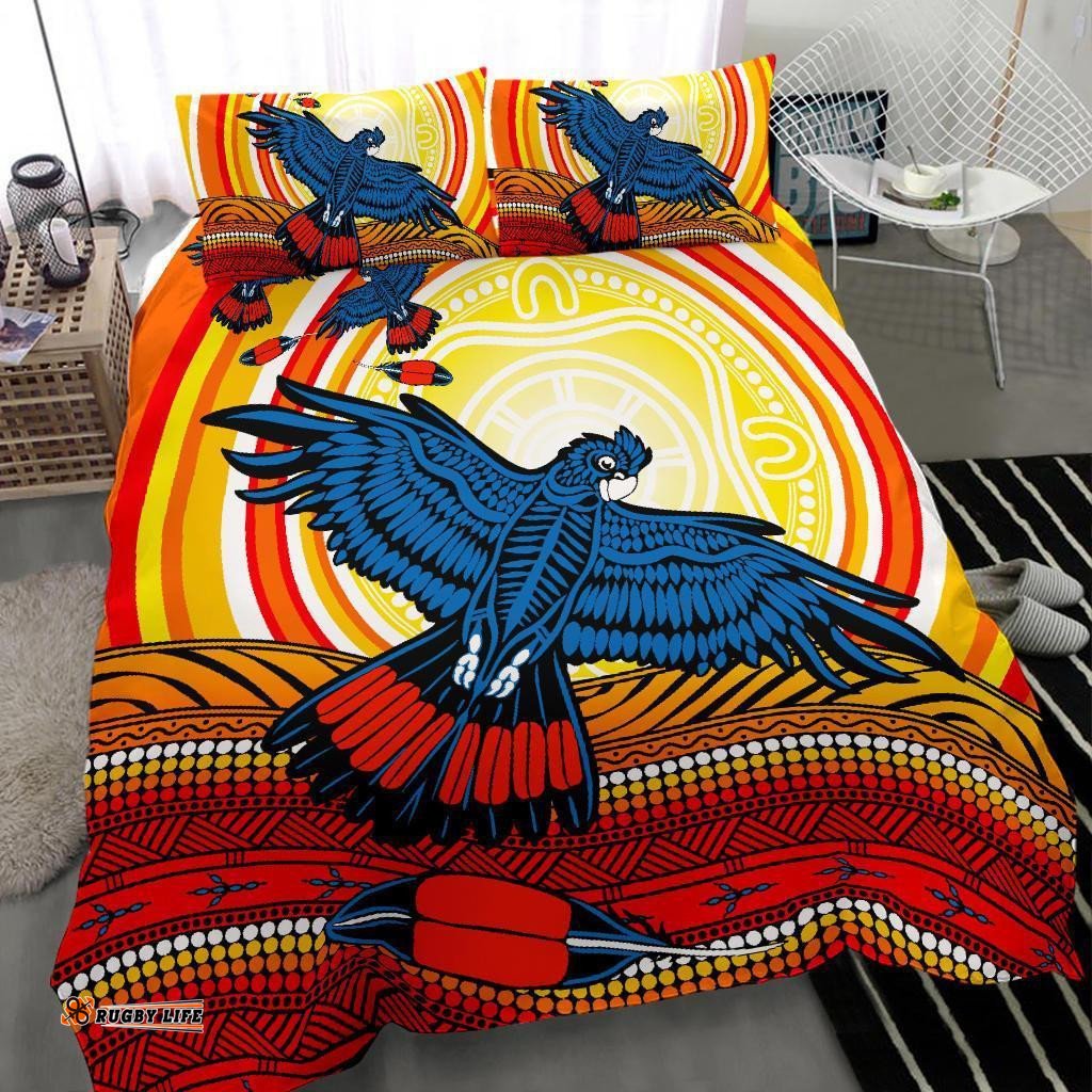 Australia Aboriginal Bedding Set, Black Cockatoo Dot Painting Sunset Patterns