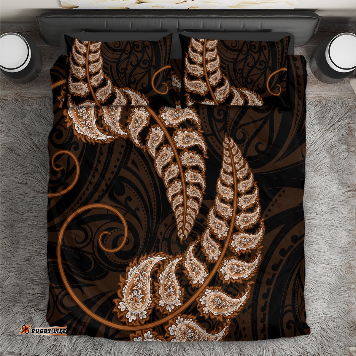 Brown New Zealand Paisley Silver Fern Bedding Set Aotearoa Maori