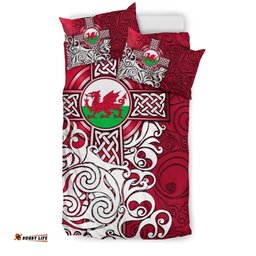 Wales Celtic Bedding Set Welsh Dragon Flag with Celtic Cross