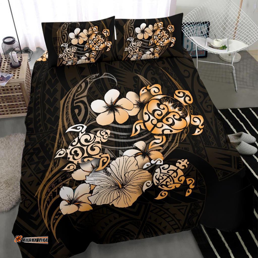 Golden Turtle Hibiscus Mix Plumeria Polynesian Bedding Set