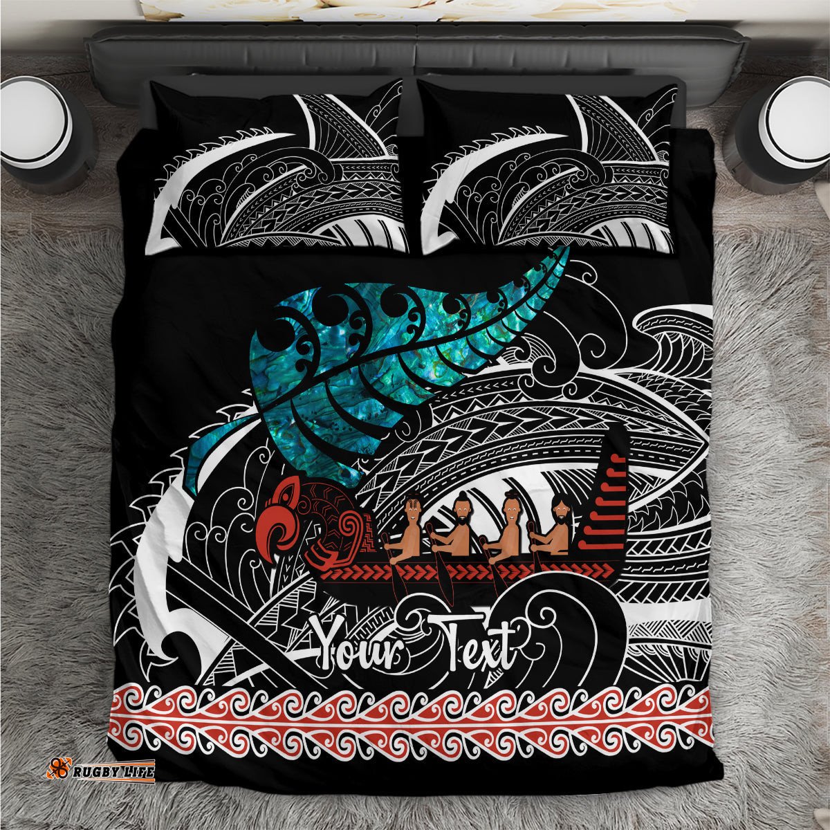 Personalised New Zealand Waka Bedding Set Aotearoa Maori Silver Fern Pattern