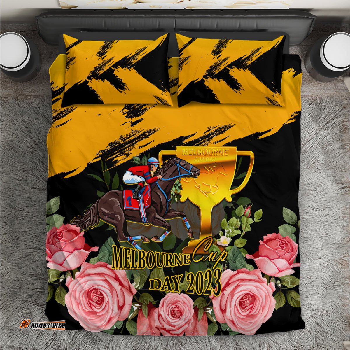 Personalised Australia Melbourne Cup Day Bedding Set 2023 Horse Racing Trophy With Roses 04