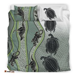 Bedding Set Aboriginal with Kangaroo, Lizard, Turtle and Dotted Crooked Stripes Pattern
