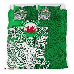 Wales Celtic Bedding Set Welsh Dragon Flag with Celtic Cross Green