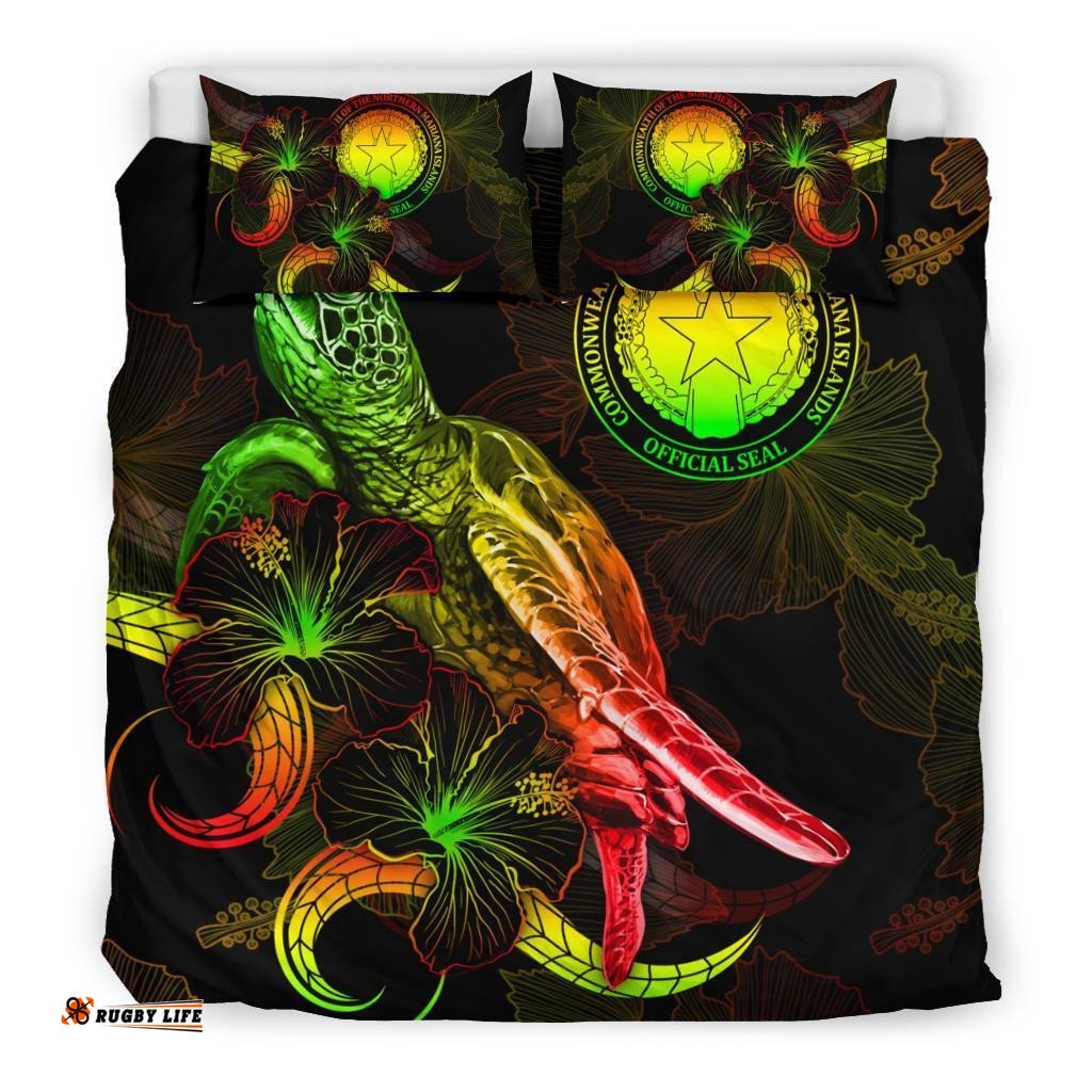 CNMI Polynesian Bedding Set Turtle With Blooming Hibiscus Reggae