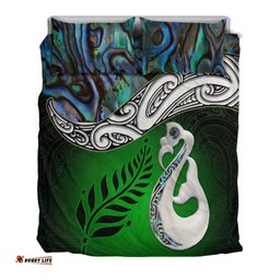 New Zealand Maori Bedding Set Silver Fern Manaia Paua Shell Glitter Green