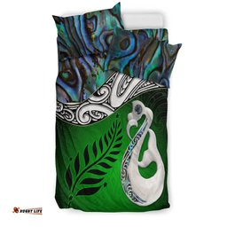 New Zealand Maori Bedding Set Silver Fern Manaia Paua Shell Glitter Green