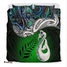 New Zealand Maori Bedding Set Silver Fern Manaia Paua Shell Glitter Green