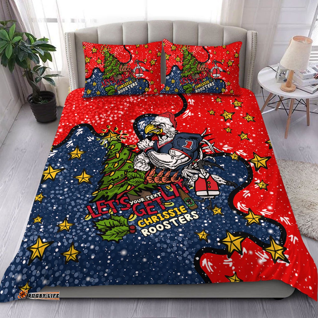 Sydney Roosters Christmas Custom Bedding Set - Let's Get Lit Chrisse Pressie Bedding Set