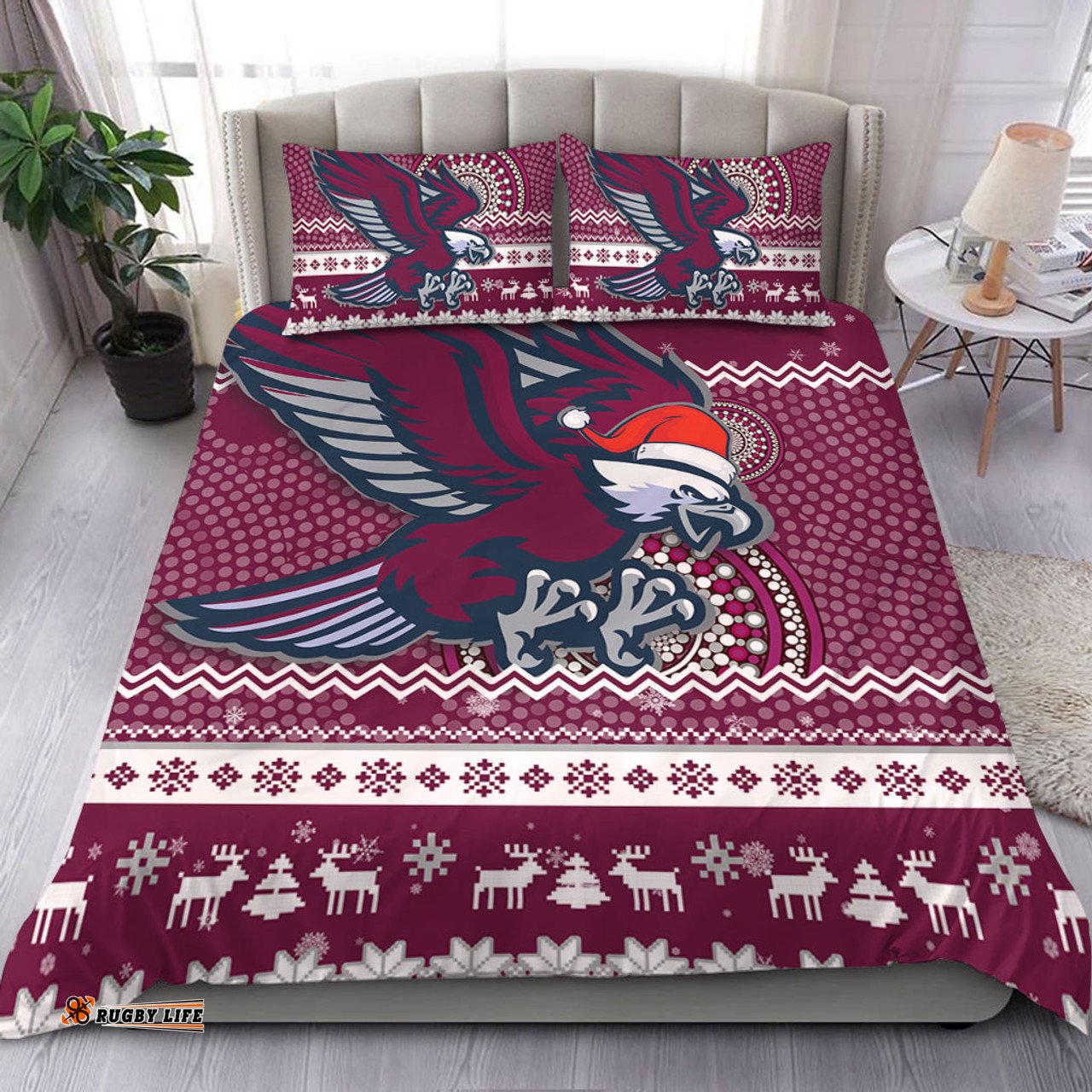 Manly Warringah Sea Eagles Bedding Set - Australia Ugly Xmas With Aboriginal Patterns For Die Hard Fans