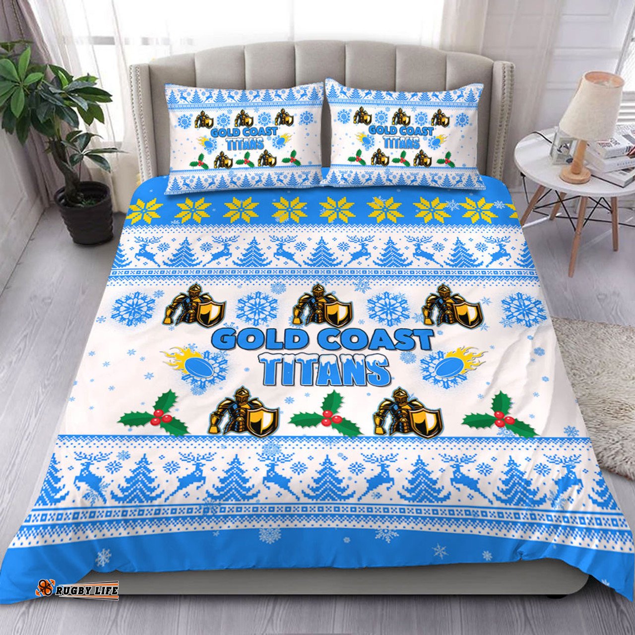 Gold Coast Titans Christmas Bedding Set - Gold Coast Titans Special Ugly Christmas Bedding Set