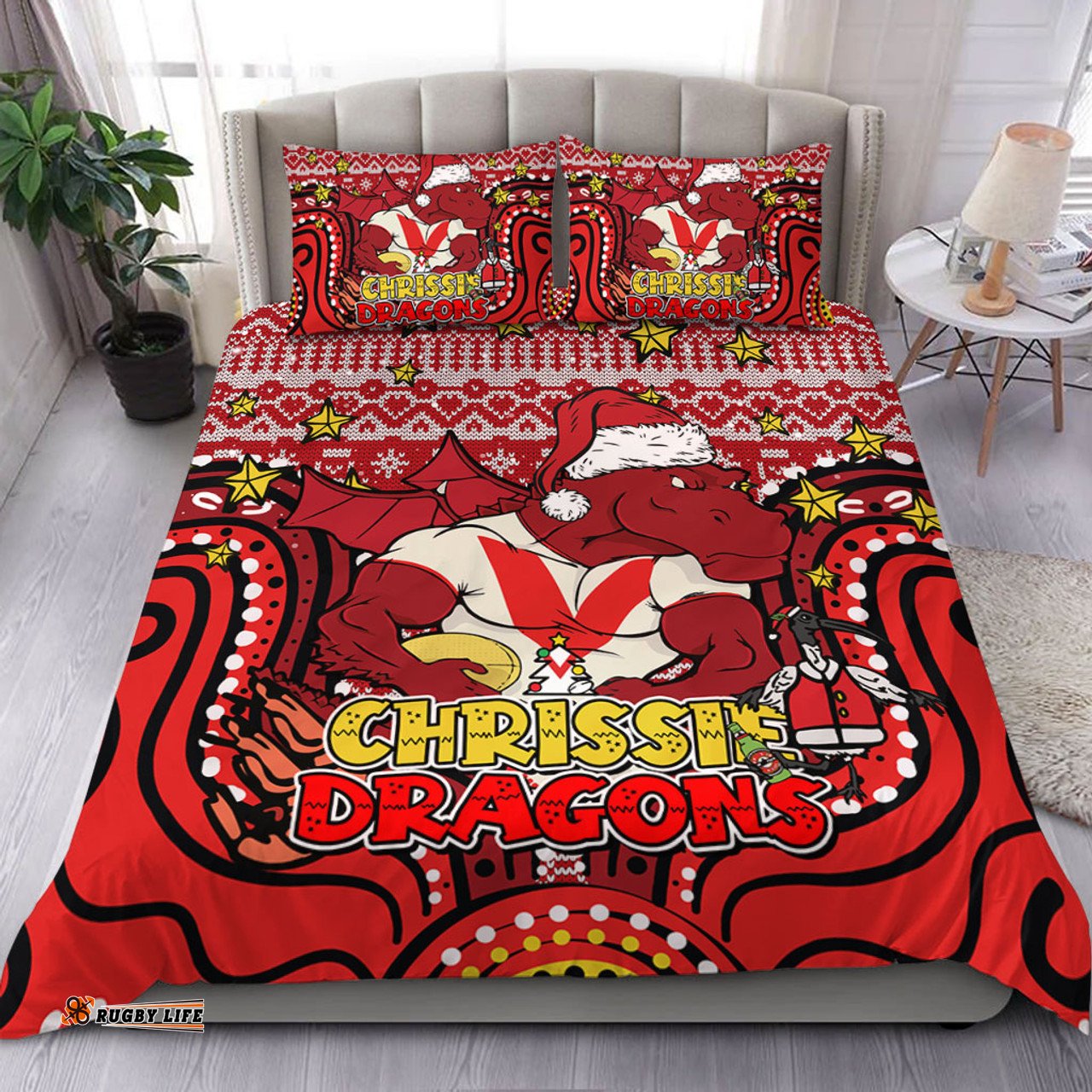 St. George Illawarra Dragons Christmas Custom Bedding Set - Christmas Knit Patterns Vintage Jersey Ugly Bedding Set