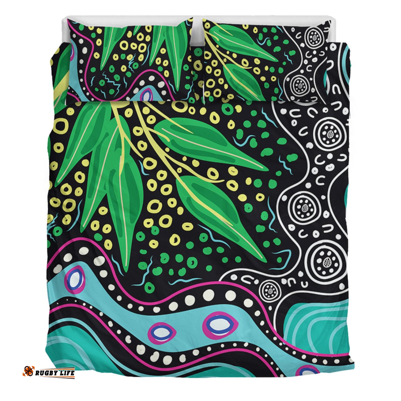 Australia Wattle Leaves Bedding Set - Aboriginal Dot Art And Wattle Leaves Bedding Set