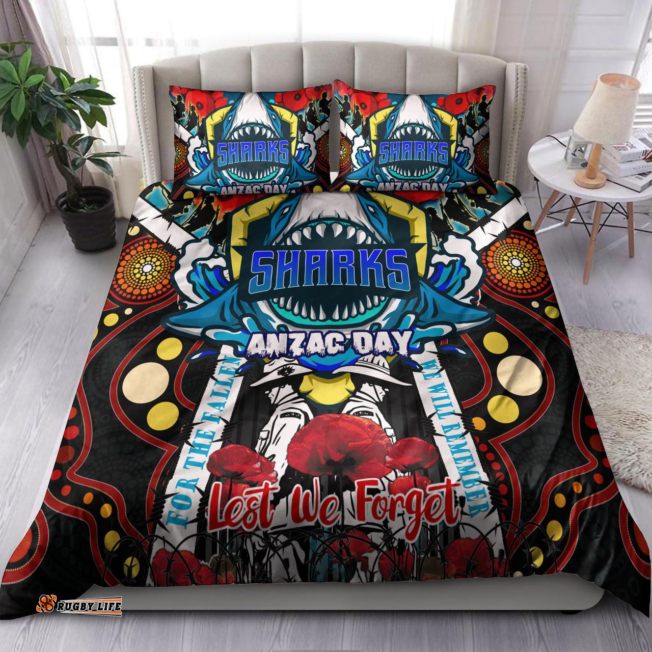 Cronulla-Sutherland Sharks Anzac Day Watercolour Custom Bedding Set - Remembrance Sharkies With Poppy Flower