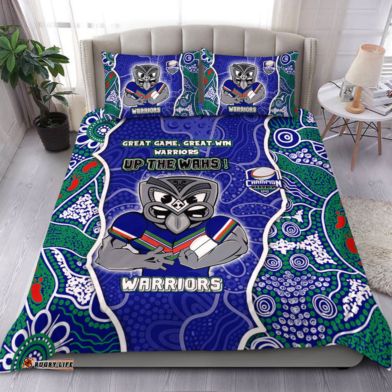 New Zealand Warriors Grand Final Custom Bedding Set - Custom New Zealand Warriors With Contemporary Style Of Aboriginal Painting  Bedding Set