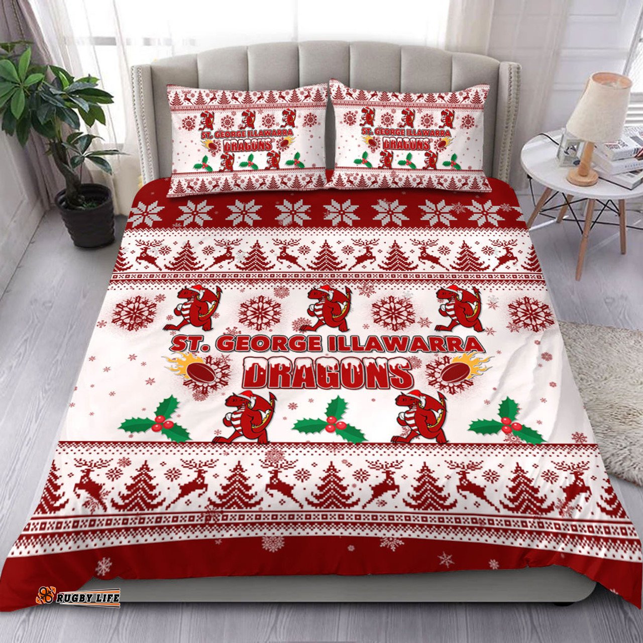 St. George Illawarra Dragons Christmas Bedding Set - St. George Illawarra Dragons Special Ugly Christmas Bedding Set