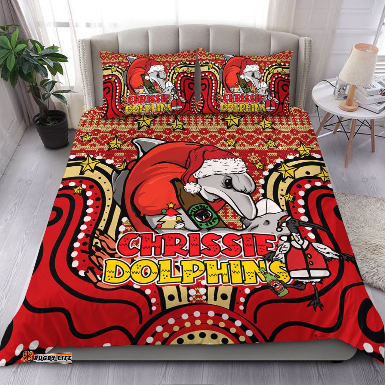 Redcliffe Dolphins Christmas Custom Bedding Set - Christmas Knit Patterns Vintage Jersey Ugly Bedding Set